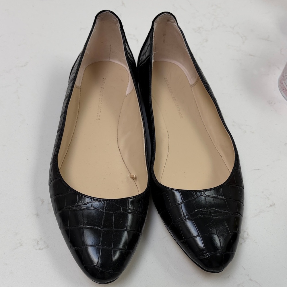Black Croc-Embossed Pointed Toe Flats